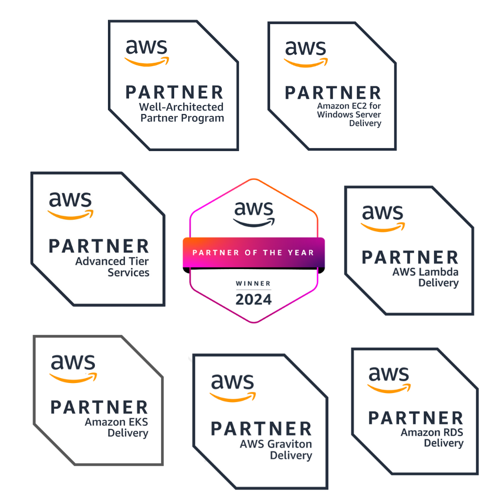 Onkatec'in AWS Partner Program rozetleri: Advanced Tier Services, Well-Architected Partner Program, Partner of the Year 2024, Amazon EKS, RDS, Lambda, EC2 ve Graviton hizmet yetkinlikleri